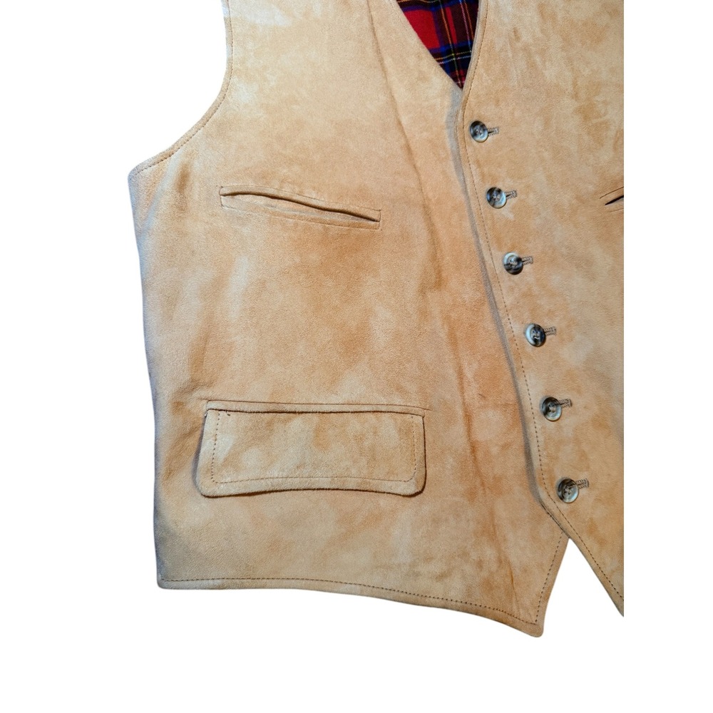 Brooks Brothers Mens M Tan Suede Leather Vest Red Tartan Plaid Back Waistcoat - Picture 7 of 10
